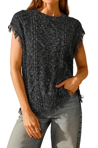 Arach&Cloz 2025 Women's Early Fall Sweater Vest Short Cap Sleeve Crew Neck Fashion Trendy Casual Cute Fringe Cowgirl Boho Tops Cable Knit Western Country Concert Trendy Outfits Black Heather M