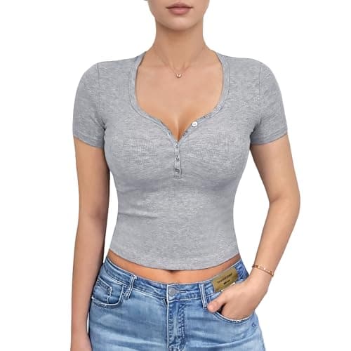 Curvphilo Womens V-Neck Tops Double Zipper Short Sleeve T Shirts Y2K Crop Tops Business Casual Going Out Tops (US, Alpha, Medium, Regular, Regular, Sweetheart Grey)