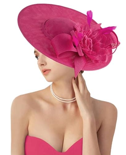dressfan Fascinator Hat Headpiece for Women Vintage Wedding Mesh Feather Hair Clip,20s 50s Headband Hair Accessories Headwear for Derby/Wedding/Cocktail/Tea Party,M3-Fushia