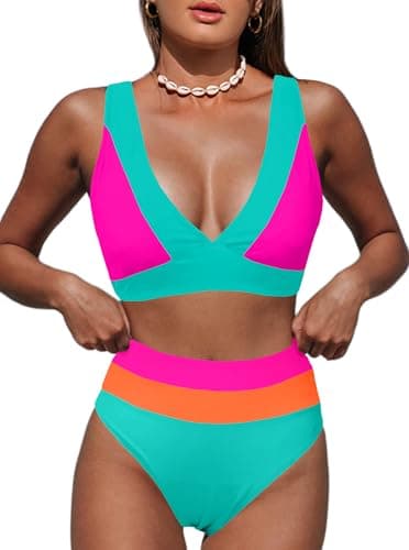 Hilinker Women High Waisted Bikini Sets Tummy Control Swimsuits V Neck 2 Piece Bathing Suits Green Pink Orange Small