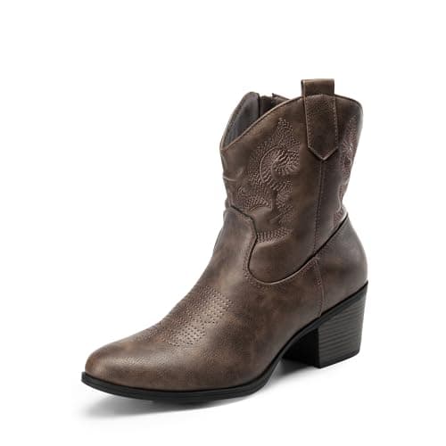 DREAM PAIRS Women's Western Cowboy Cowgirl Embroidered Ankle Boots Fashion Low chunky Heel Round Toe Fall Short Booties Shoes,Size 6,Brown,SDAB2432W