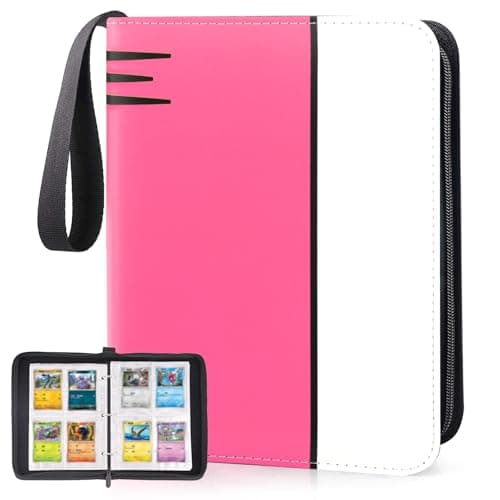 Card Binder 4 Pocket, Collectible Trading Card Albums Fits 400 Cards with 50 Removable Sleeves, Portable Trading Card Binder Collection Album Holder, Game Card Case book With Zipper for Gifts, Pink