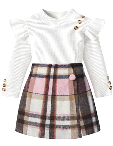 Aulyffo Toddler Girl Clothes 2t Girls Outfits 3t White Ruffle Shirt Button Long Sleeve Tops + Pink Plaid Mini Skirt Shorts + Cute Hat 3Pcs Toddler Girl Fall Outfit