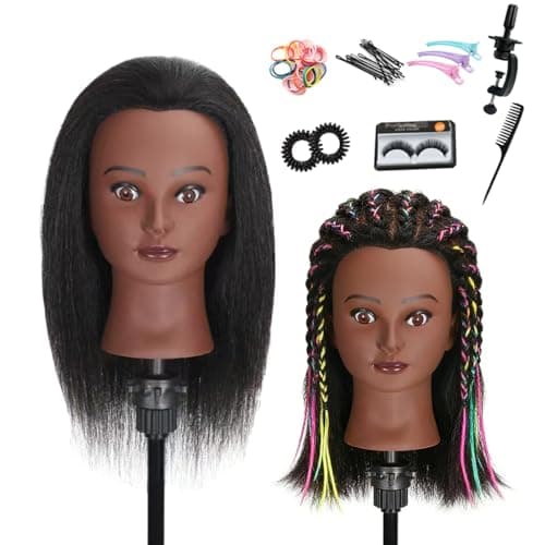 Mannequin Head with 100% Real Human Hair, Cosmetology Training Head for Hair Styling Braiding Cutting Curling, Professional Hairdresser Practice Manikin Head with Free Clamp (A01-Black-16)