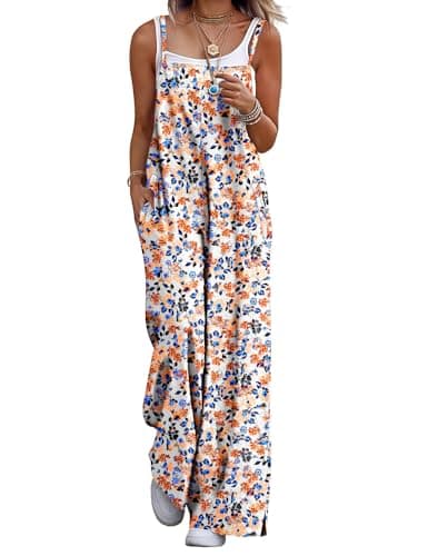 YESNO Women's Summer Boho Cotton Casual Jumpsuits Wide Leg Overalls Floral Print Baggy Rompers with Pockets S PZZCR 377