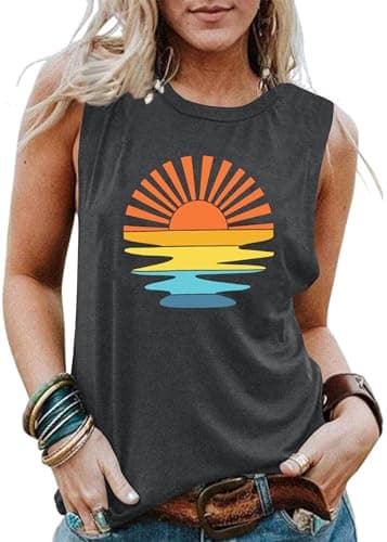 PECHAR Womens Sunrise Sunset Sunshine T Shirt for Women Outdoor Workout Hawaii Beach Sea Nature Adventure Tee Top