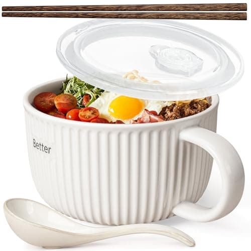 Artena 38 oz Soup Bowls with Handles, Lids, Spoons & Chopsticks – 6 Inch Large Microwave Safe Ceramic Ramen Bowls, Soup Mugs & Cereal Bowls for Instant Noodles, Oatmeal, Meal Prep (White-Set of 1)