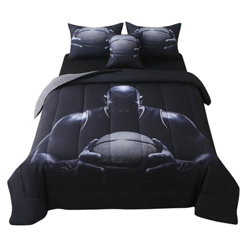 JQinHome Twin Basketball Comforter Sets for Boys, 6 Piece Bed in A Bag 3D Sport Bedding Sets - All Season Soft Microfiber, with Pillowcase, Flat Sheet, Fitted Sheet, Cushion Cover(Basketball Black)