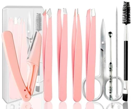 Muzioiernsu Tweezers Kit Tweezer for Women Facial Hair Removal Tweezers Professional Tweezers Set Eyebrow Tweezer, [9+1 PCS] AProfessional Stainless Steel Eyebrow for Women &Men, Pink Beauty Sets
