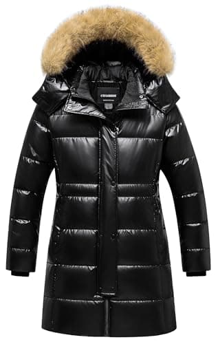 CTFASHION Girls Parka Puffy Jacket Kid's Reversible Puffer Hooded Winter Warm Coat Fleece Outerwear Shiny Black 4-5