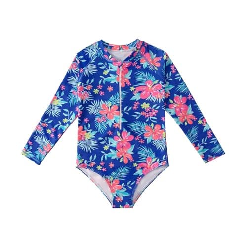HILEELANG Girls Rash Guard Swimsuit Long Sleeve Half Zip Tropical Floral