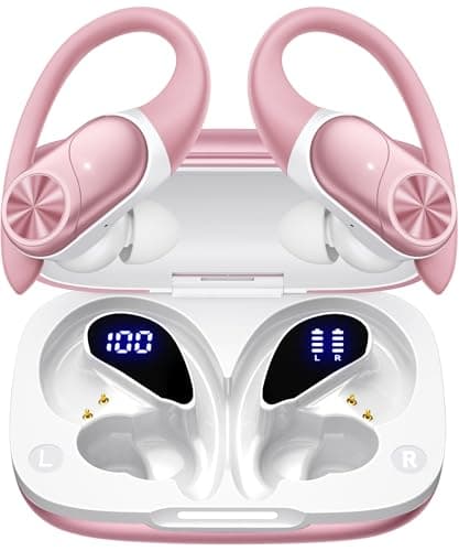 PocBuds Bluetooth Headphones Wireless Earbuds 80hrs Playtime Wireless Charging Case Digital Display Sport Ear Buds with Earhook Deep Bass IPX7 Waterproof Over-Ear Earphones for Phone Laptop Rose Gold