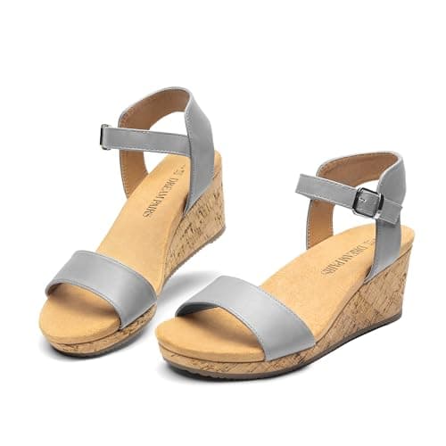 DREAM PAIRS Women's Open Toe Buckle Ankle Strap Platform Wedge Sandals for Women Summer Dressy Shoes,Size 5,Grey/Pu,NINI-8