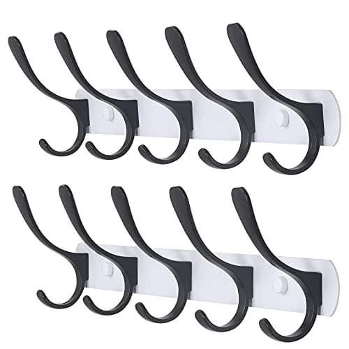 SKOLOO Modern Metal Wall Coat Rack with 5 Hooks, Pack of 2, Sturdy Wall Hook Rack Rail for Hanging Coat, Jacket, Clothes, Hat, Black on White
