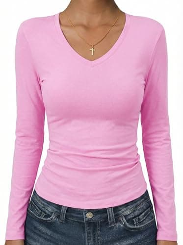 Mosocow Women's Cotton Long Sleeve T Shirts V Neck Slim Fitted Tee Tops Basic Y2K Clothes Pink M/US8-10