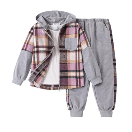 EDFTM Outfits for Girls 10-12 Pants Set 2 Piece Outfits Zip Up Hood Flannel Plaid Sweatshirt and Sweatpants Jogger Sets Light Gray
