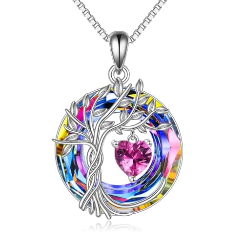 POPLYKE Tree of life Birthstone Necklace for Women Sterling Silver Tree Jewelry Pink Tourmaline Pendant October Birthstone Gemstone Anniversary Birthday