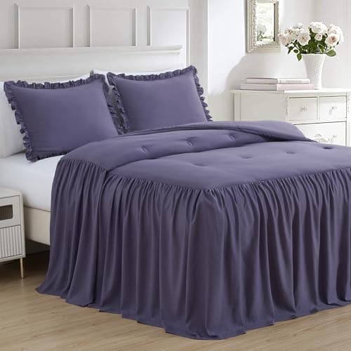 Chezmoi Collection Sinclair 3-Piece Ruffle Skirt Bedspread Set - Soft Lightweight Crinkle Texture Microfiber Bedding - French Country Chic Farmhouse - Queen, Dusty Purple
