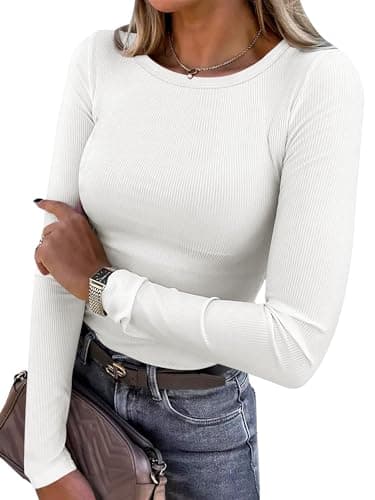 ANRABESS Women Long Sleeve Shirts Rib Knit Slim Fit Tops Basic Tee 2025 Fall Outfits Casual T-Shirt Underscrubs Layer Clothes White Small