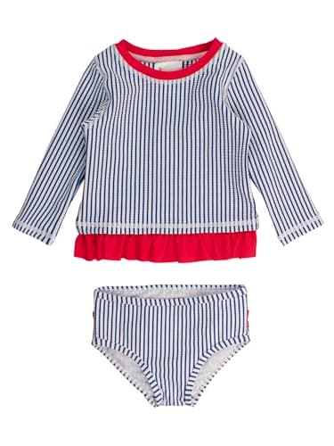 RuffleButts Baby/Toddler Girls Seersucker Long Sleeve Rash Guard Bikini - Blue Seersucker, 3-6m