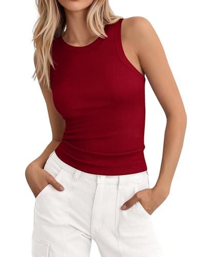 PRETTYGARDEN Womens Summer High Neck Ribbed Tank Tops Casual Basic Sleeveless Slim Fitted Racerback Workout T Shirts(Red,Medium)