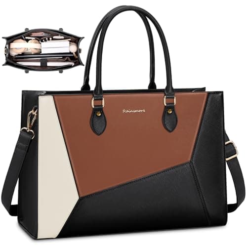 RAINSMORE Laptop Tote Bag for Women 15.6 Inch Waterproof Work Bag Briefcase Large Teacher Bag Handbag Professional Business Office Shoulder Bag Crossbody Purse, Black & Brown & White