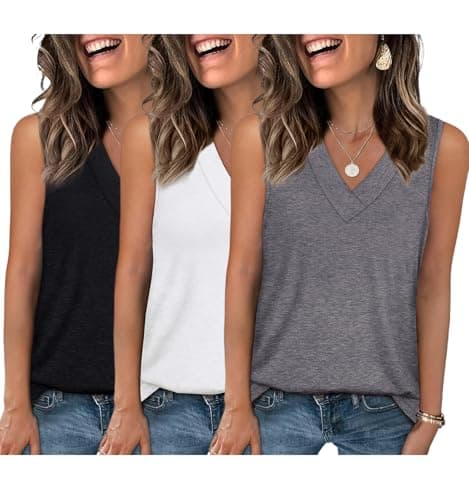 EyMuse 3 Pack Womens Tank Trendy Comfortable Tops V Neck Sleeveless T Shirt Casual Summer Tshirts Shirts Flowy Loose Fit Basic Tunics Clothes Beach Vacation Essentials Outfits, Black+White+Grey, XL