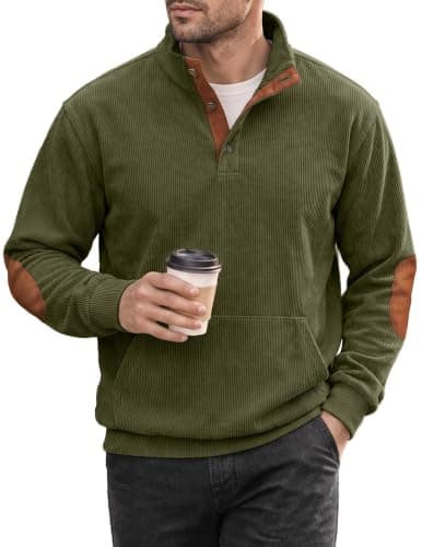 JMIERR Mens Pullover Sweatshirts Casual Long Sleeve 1/4 Button Corduroy Fall Sweaters Jackets Big Tall Size with Pockets, 3XL, Jungle Green