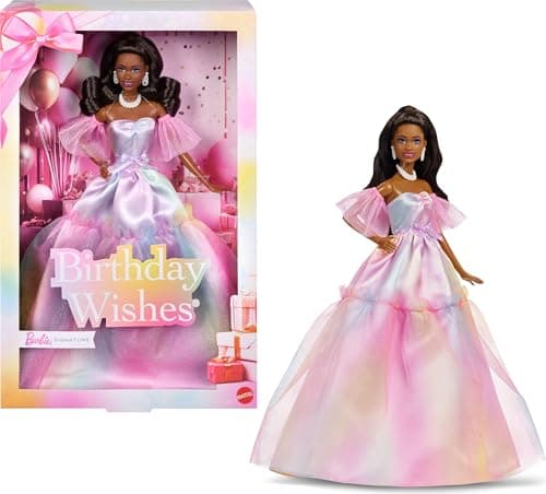 Barbie Signature Birthday Wishes Fashion Doll with Black Hair in Dress with Pastel Rainbow Effect, Collectible Toy with Giftable Packaging