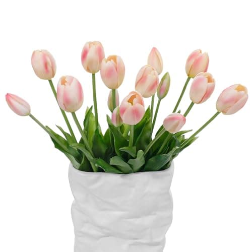 LINSIE 15 Pcs Meat Pink Artificial Tulips Fake Flowers, Premium Latex Lifelike Texture, UV Resistant Waterproof Faux Tulip Bouquets with Snap-on Petals for Outdoor, Home, Wedding Decor