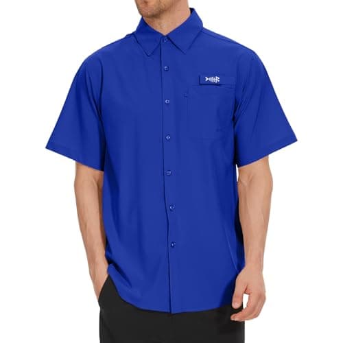BASSDASH Men's UPF 50+ Short Sleeve Button Down Fishing Shirt Breathable Lightweight for Outdoors Hiking Camping Vivid Blue