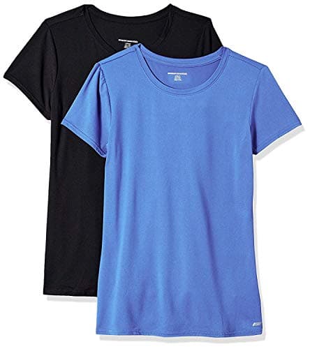 Amazon Essentials Women's Active Quick Dry Tech Stretch Short-Sleeve Crewneck T-Shirt, Pack of 2, Black/Bright Blue, X-Small