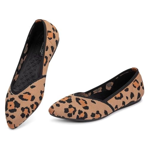 Frank Mully Womens Flat Shoes Classic Pointed Toe Flats Knitted Dress Shoes Soft Flats for Woman Comfortable Dressy Leopard,6