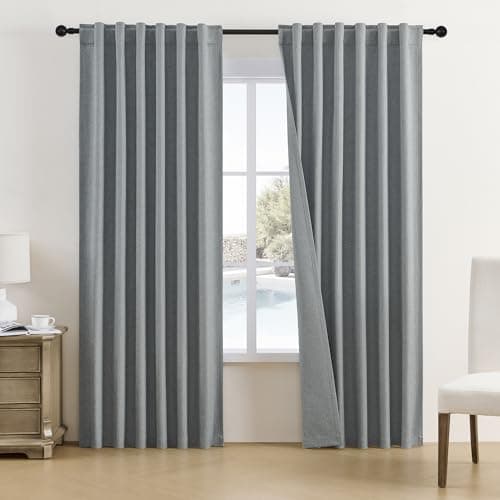 DUALIFE 90 Inches Long Blackout Linen Curtains Grey,Full Shade Light Blocking Sun Heat Saving Energy Efficient Drapes for Bedroom,Back Tab/Hook Belt/Rod Pocket,2 Pcs,50 Inch Wide x 90 Inch Length