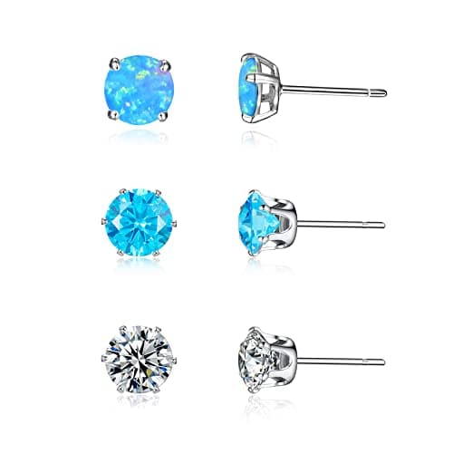 3 Pairs Stud Earrings Set, 14k Gold Plated Blue Opal Studs Hypoallergenic Stainless Steel Cubic Zircon Stud Earrings CZ Diamond Earrings for Women Men for Sensitive Ears