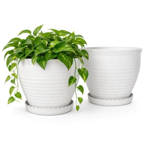 OUMUHE 13.8 Inch Round Plastic Planters Urns, Set of 2, White Flower Pots