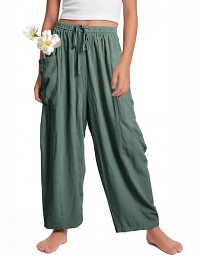 Flygo Girls Wide Leg Pants Casual Flowy Elastic Waist Palazzo Harem Trousers with Pockets 13-14Y(Green-XL)