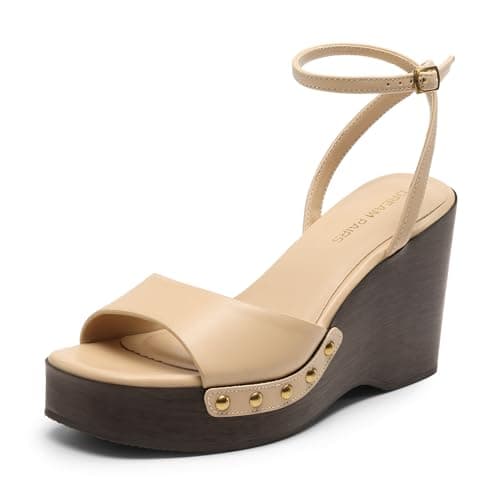 DREAM PAIRS Wedge Sandals for Women,Dressy Platform Square-Toe Ankle Buckle Studded Fashion Sandals for Summer,Size 7.5,Nude,SDWS26001W