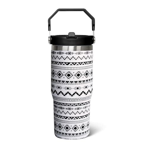 qwpmvhsak 30 oz Flip StrawTumbler With Handle,Black White Boho Vacuum Insulated Leakproof FlipTumbler With Straw Cups Water Bottle CoffeeTravel Tumbler, Boho Decor/Accessories for Women