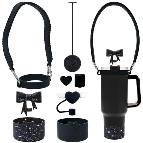 YAYAYOUNG 7 PCS Stanley Cup Silicone Accessories Set Including Water Bottle Handle Strap, Stanley Cup Boots,Silicone Straw Covers,Silicone Tea Strainer for StanleyCup 40oz & 30oz Tumbler-Black