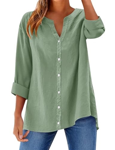 LOMON Long Sleeve Linen Shirts for Women Button Down Shirt V Neck Cotton Tops Blouse Sage Green XL