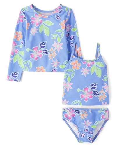 The Children's Place,Baby Girls,and Toddler Long Sleeve Rashguard and Tankini Swimsuit, 3 Piece Set,Bright Sky,12 Months,18 Months