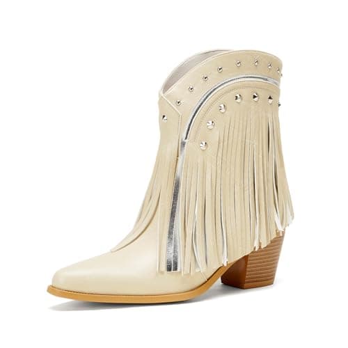 AIWGLESOLE Cowboy Boots for Women Ankle Western Fringe Booties with Low Heel(Beige,7.5)