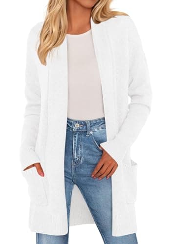 PRETTYGARDEN Long Cardigan Sweaters for Women Winter Clothing 2026 Fall Knitted Open Front Cozy Sweater with Pockets(White,Large)