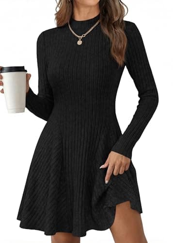 KIRUNDO Sweater Dress for Women 2026 Spring Fall Long Sleeve Mock Turtleneck A Line Fit and Flare Ribbed Knit Short Dresses(Black, Large)