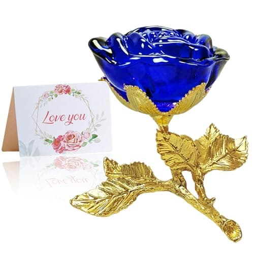 Blue Rose Gift for Women, Crystal Rose Flower, Glass Rose with Golden Leaves, Unique Gift for Girlfriend Wife Mom on Valentine's Day, Mother's Day, Thanksgiving Day, Christmas, Birthday, Anniversary.