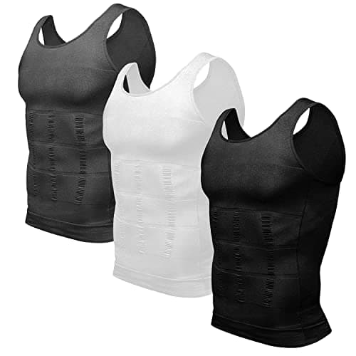 Odoland 3 Packs Men's Body Shaper Base Layer Shirt, Tummy Waist Shirt, Compression Base Layer Muscle Shape wear for Men, Grey/Black/White, 3XL
