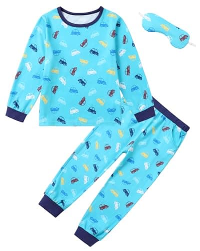 CARETOO Pajamas for Boys Toddler Long Sleeve Long Pants with Eye Mask Pajama Set Kids Cute Blue Cars Print Pjs 3PCS Sleepwear 3t 2t Boys Pajamas