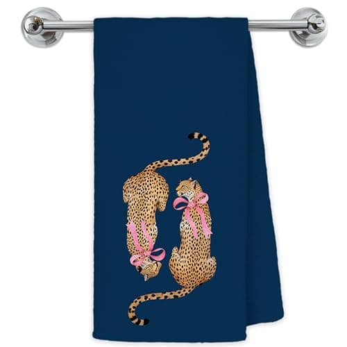 Exqcom Coquette Pink Bow Two Cheetah Kitchen Towels, Navy Blue Leopard Hand Towels for Bathroom Kitchen, Trendy Preppy Leopard Decorative Dish Towels Drying Cloth, 16x24 Inch