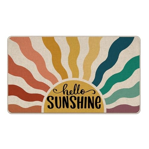 Livcoz Boho Hello Sunshine Welcome Front Door Mat, Colorful Sun Sunburst